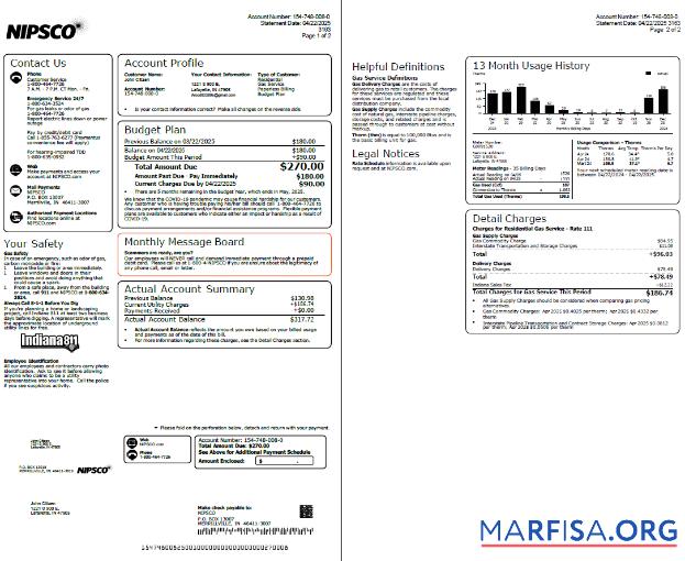 Downloadable USA NIPSCO utility bill template in Word and PDF formats, 2 pages